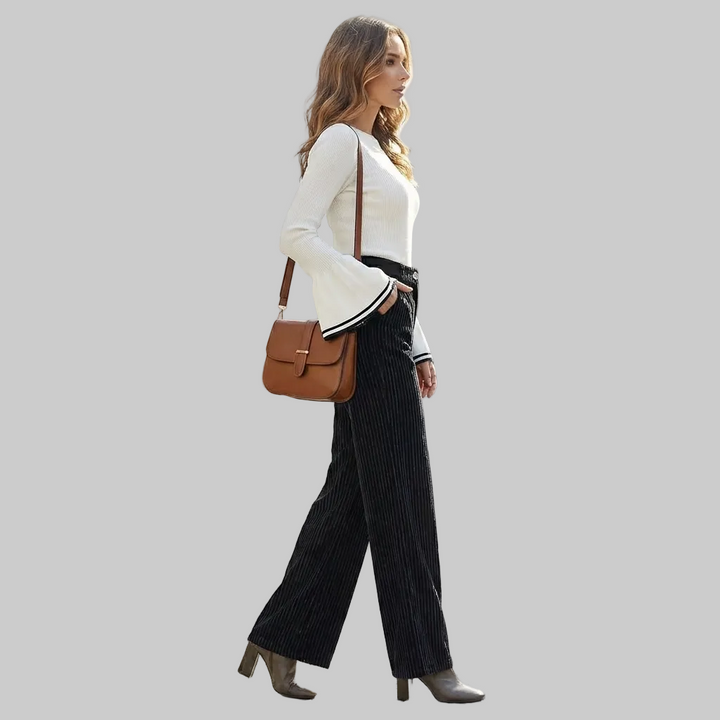 Pantalon Femme en Velours Côtelé Taille Haute Coupe Large