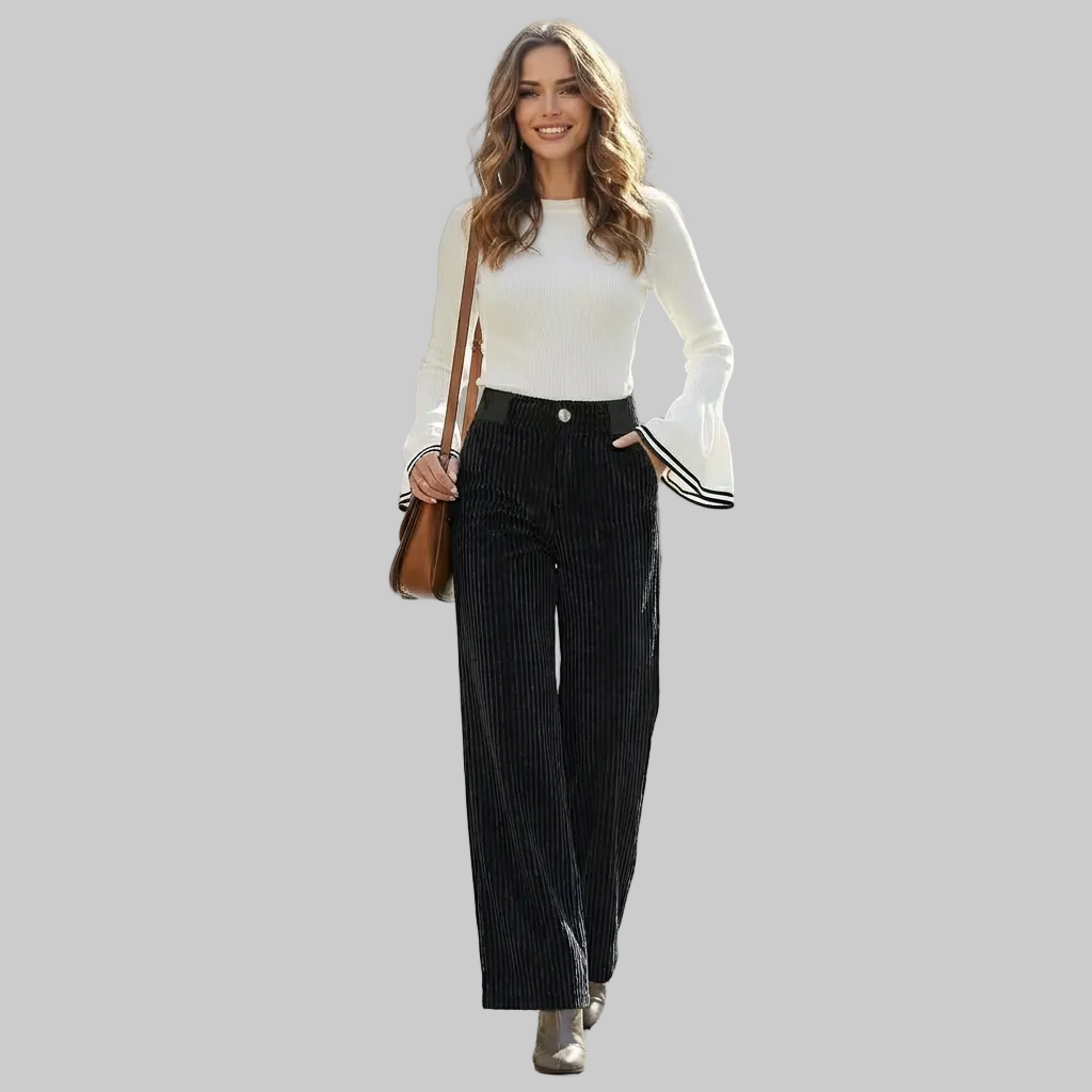Pantalon Femme en Velours Côtelé Taille Haute Coupe Large