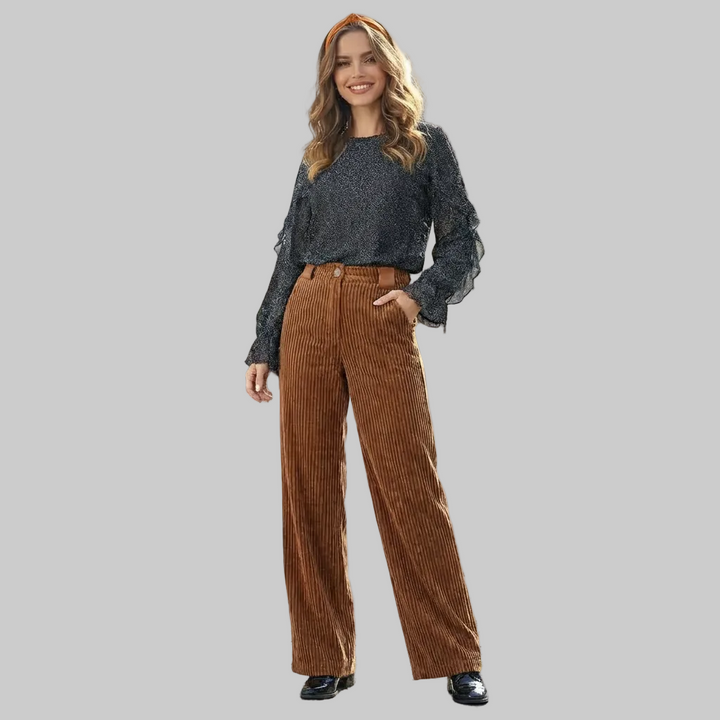 Pantalon Femme en Velours Côtelé Taille Haute Coupe Large