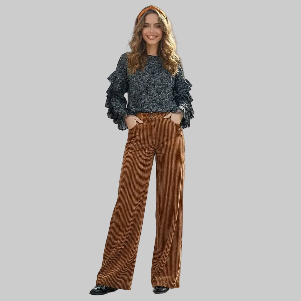 Pantalon Femme en Velours Côtelé Taille Haute Coupe Large