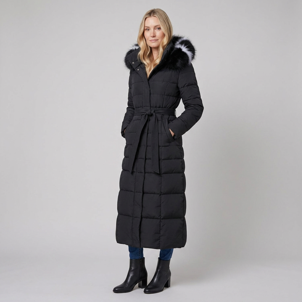 Doudoune Femme Longue Ceinturée Capuche Fourrure