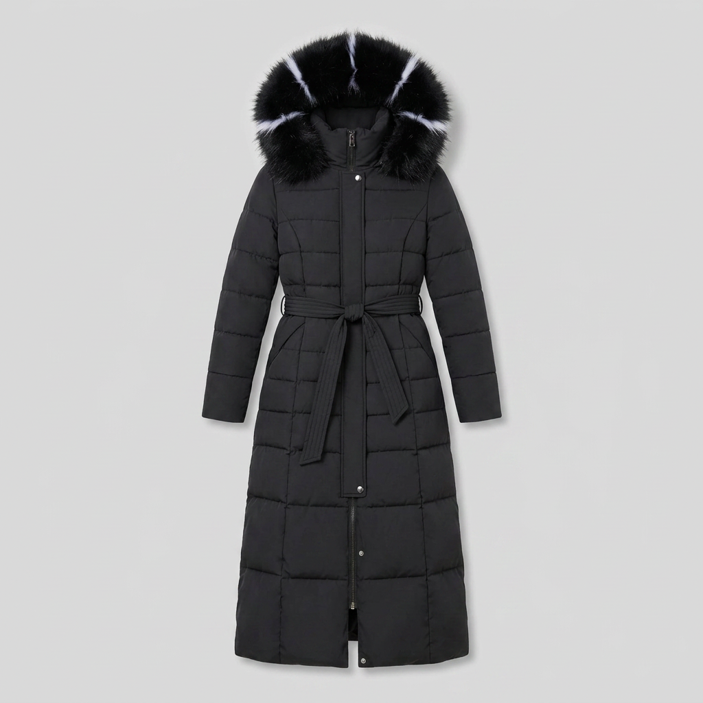 Doudoune Femme Longue Ceinturée Capuche Fourrure