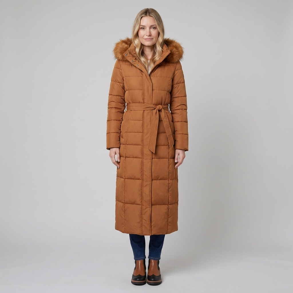 Doudoune Femme Longue Ceinturée Capuche Fourrure