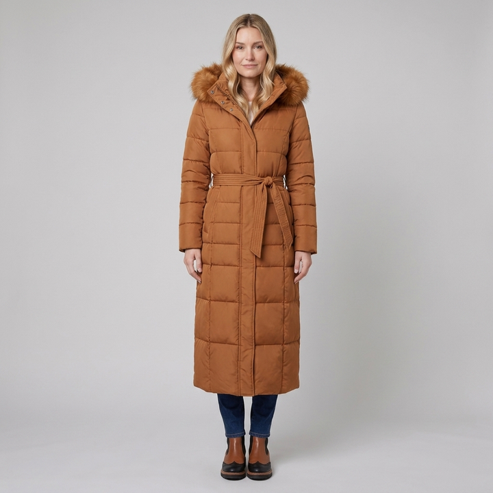 Doudoune Femme Longue Ceinturée Capuche Fourrure