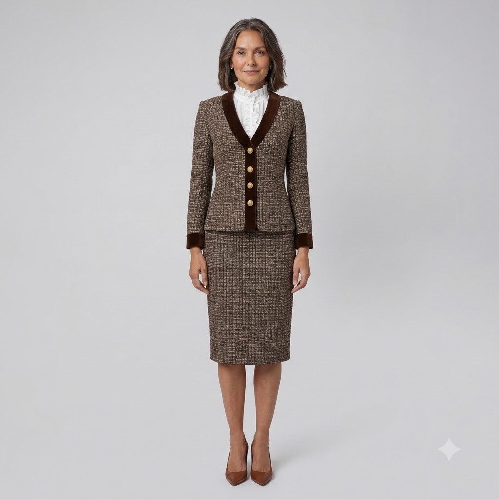 Ensemble Tailleur Blazer et Jupe Crayon en Tweed avec Bordure en Velours pour Femme