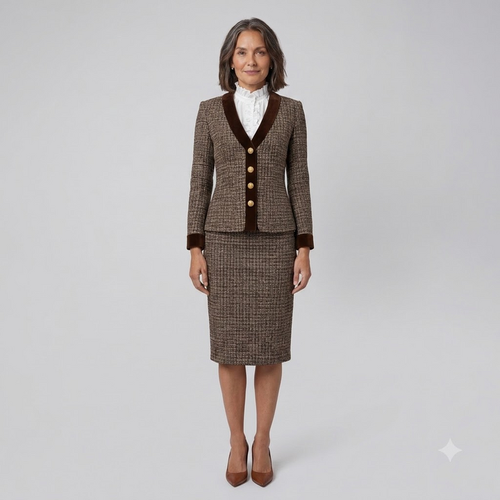 Ensemble Tailleur Blazer et Jupe Crayon en Tweed avec Bordure en Velours pour Femme