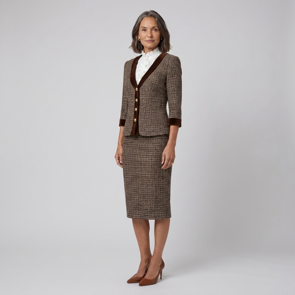 Ensemble Tailleur Blazer et Jupe Crayon en Tweed avec Bordure en Velours pour Femme