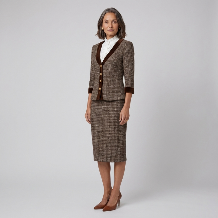Ensemble Tailleur Blazer et Jupe Crayon en Tweed avec Bordure en Velours pour Femme