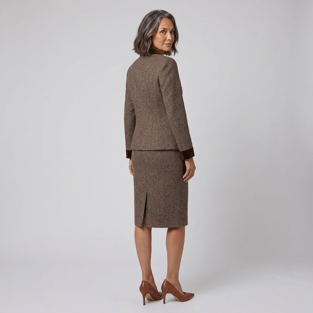 Ensemble Tailleur Blazer et Jupe Crayon en Tweed avec Bordure en Velours pour Femme