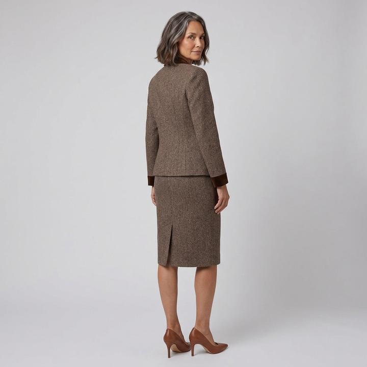 Ensemble Tailleur Blazer et Jupe Crayon en Tweed avec Bordure en Velours pour Femme