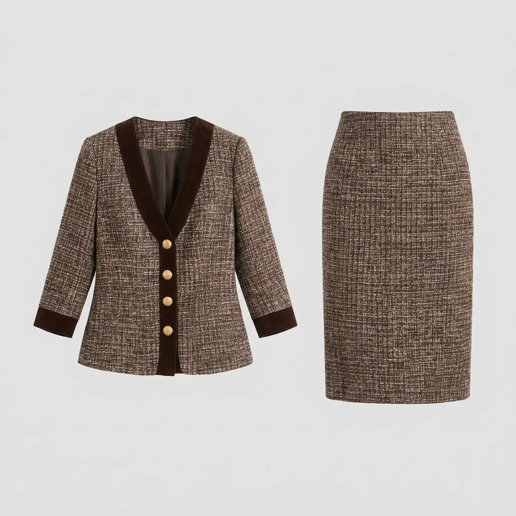 Ensemble Tailleur Blazer et Jupe Crayon en Tweed avec Bordure en Velours pour Femme