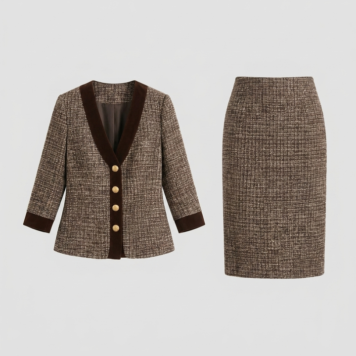 Ensemble Tailleur Blazer et Jupe Crayon en Tweed avec Bordure en Velours pour Femme