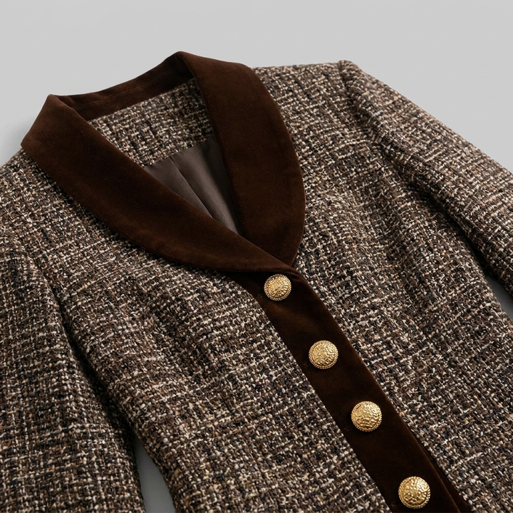 Ensemble Tailleur Blazer et Jupe Crayon en Tweed avec Bordure en Velours pour Femme