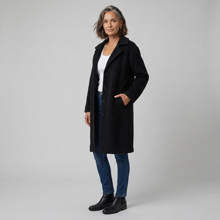 Manteau Long Femme Col Revers Boutonné Manches Longues