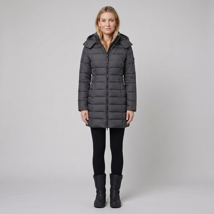 Doudoune Longue Femme À Capuche Fermeture Zippée Et Poches Latérales