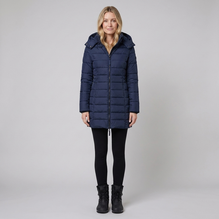Doudoune Longue Femme À Capuche Fermeture Zippée Et Poches Latérales