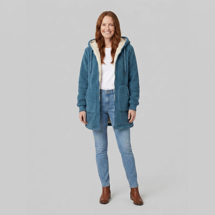 Manteau Femme Mi-Long En Jean Doublé Sherpa Avec Capuche