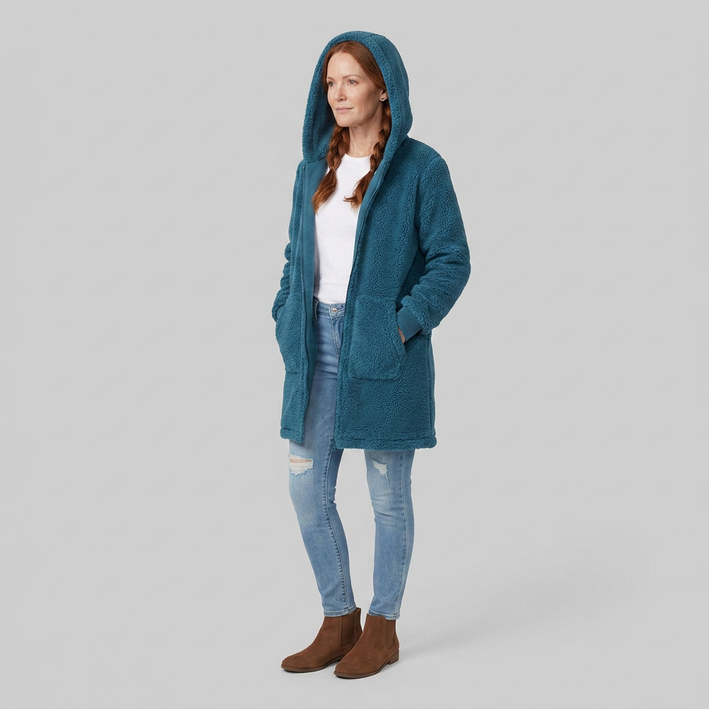Manteau Femme Mi-Long En Jean Doublé Sherpa Avec Capuche