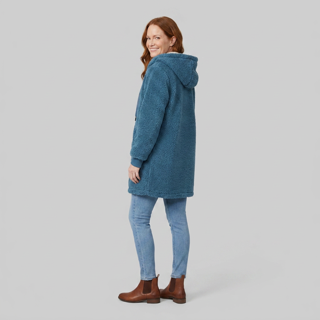 Manteau Femme Mi-Long En Jean Doublé Sherpa Avec Capuche
