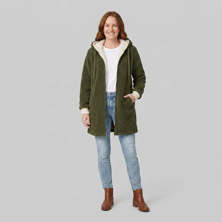 Manteau Femme Mi-Long En Jean Doublé Sherpa Avec Capuche