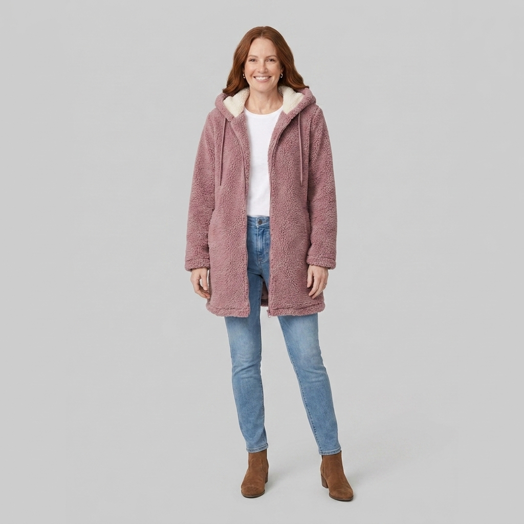 Manteau Femme Mi-Long En Jean Doublé Sherpa Avec Capuche