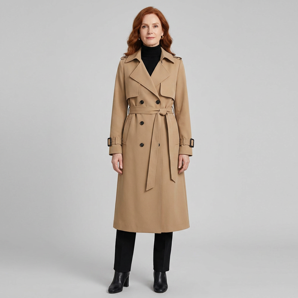Trench Long Femme Croisé Ceinturé Col Revers