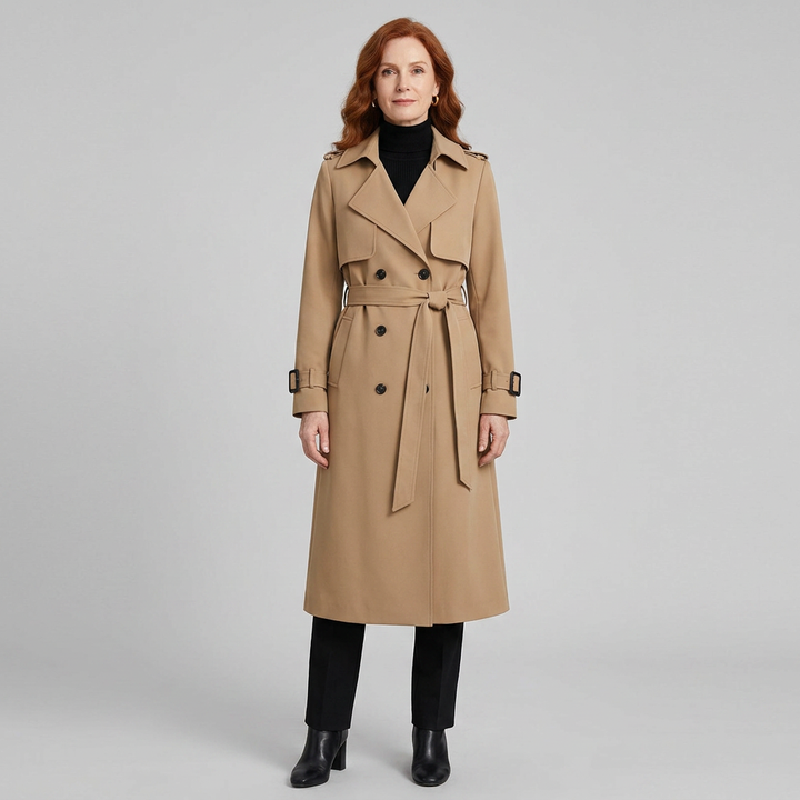 Trench Long Femme Croisé Ceinturé Col Revers