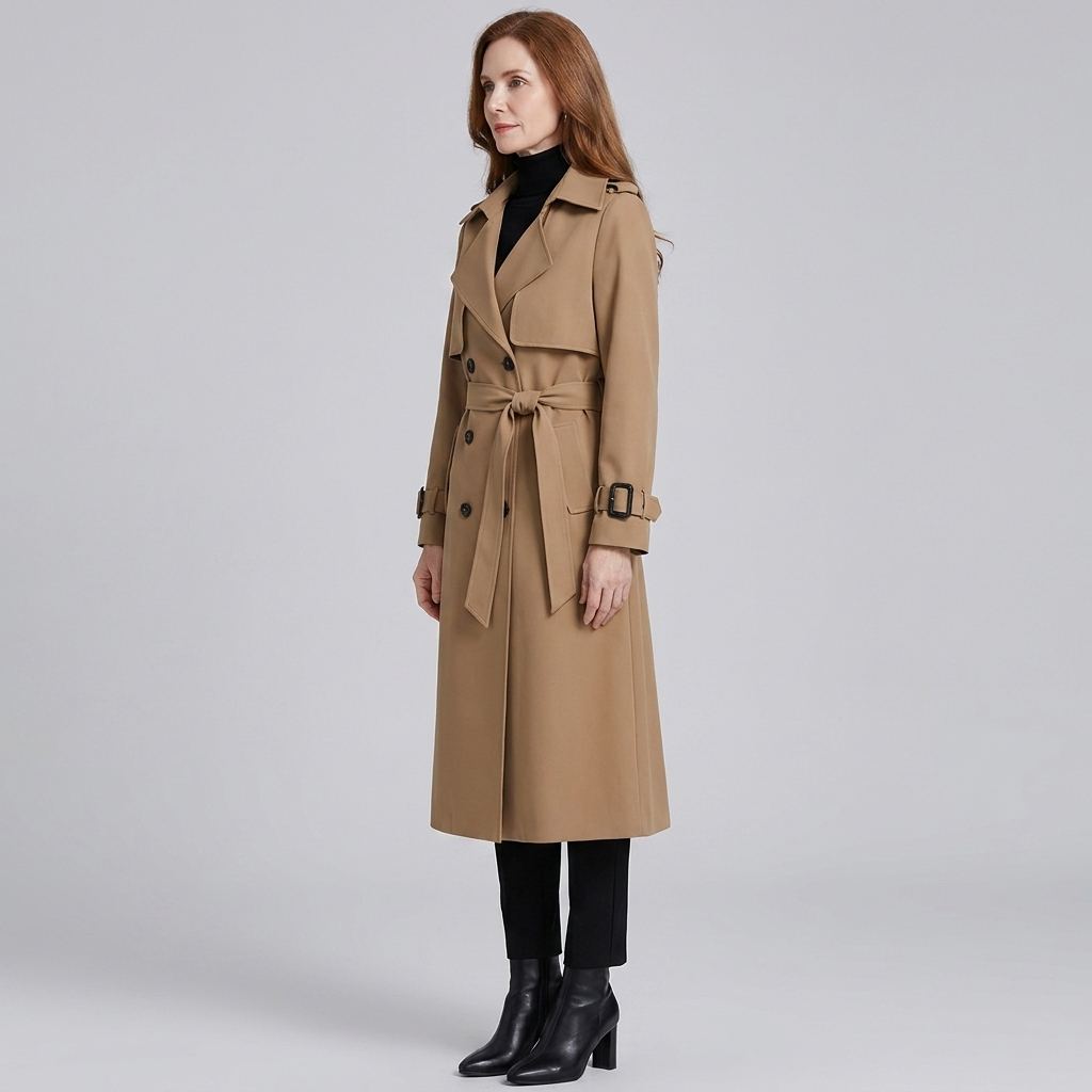 Trench Long Femme Croisé Ceinturé Col Revers