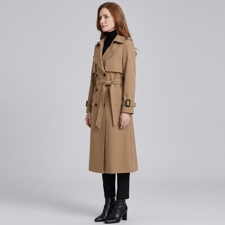 Trench Long Femme Croisé Ceinturé Col Revers