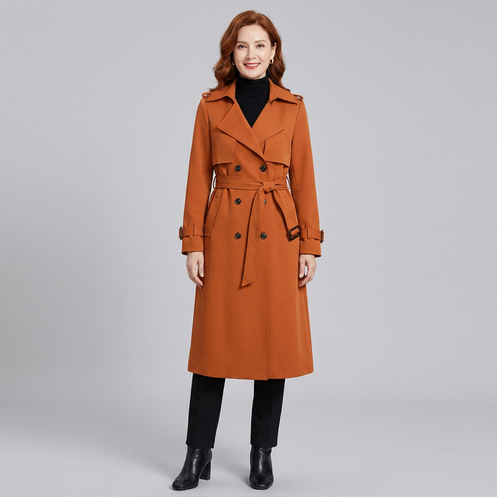 Trench Long Femme Croisé Ceinturé Col Revers