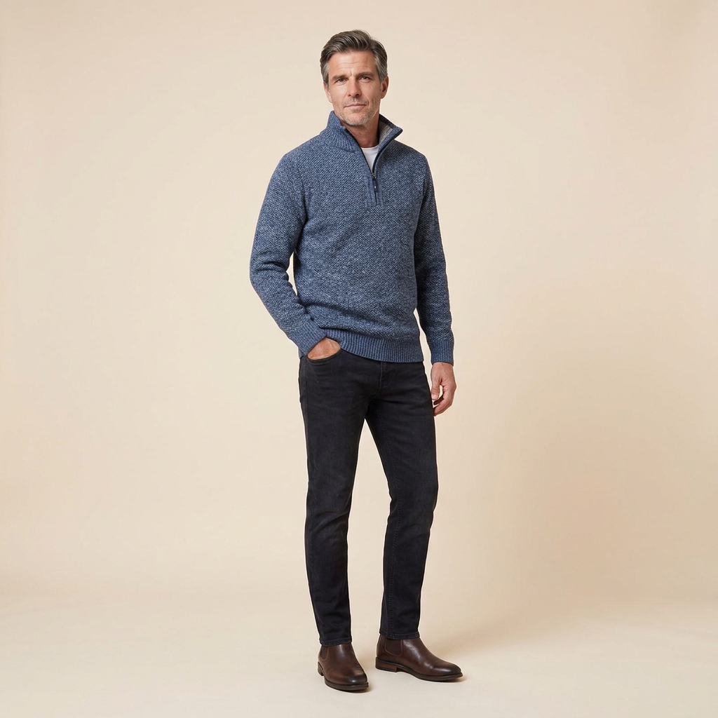 Pull Homme Col Montant Zip Court Coupe Ajustée Maille