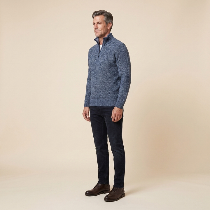 Pull Homme Demi Zip Col Montant Maille Chaude Coupe Ajustée