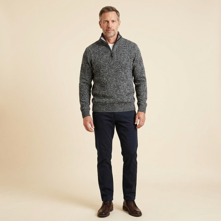 Pull Homme Demi Zip Col Montant Maille Chaude Coupe Ajustée