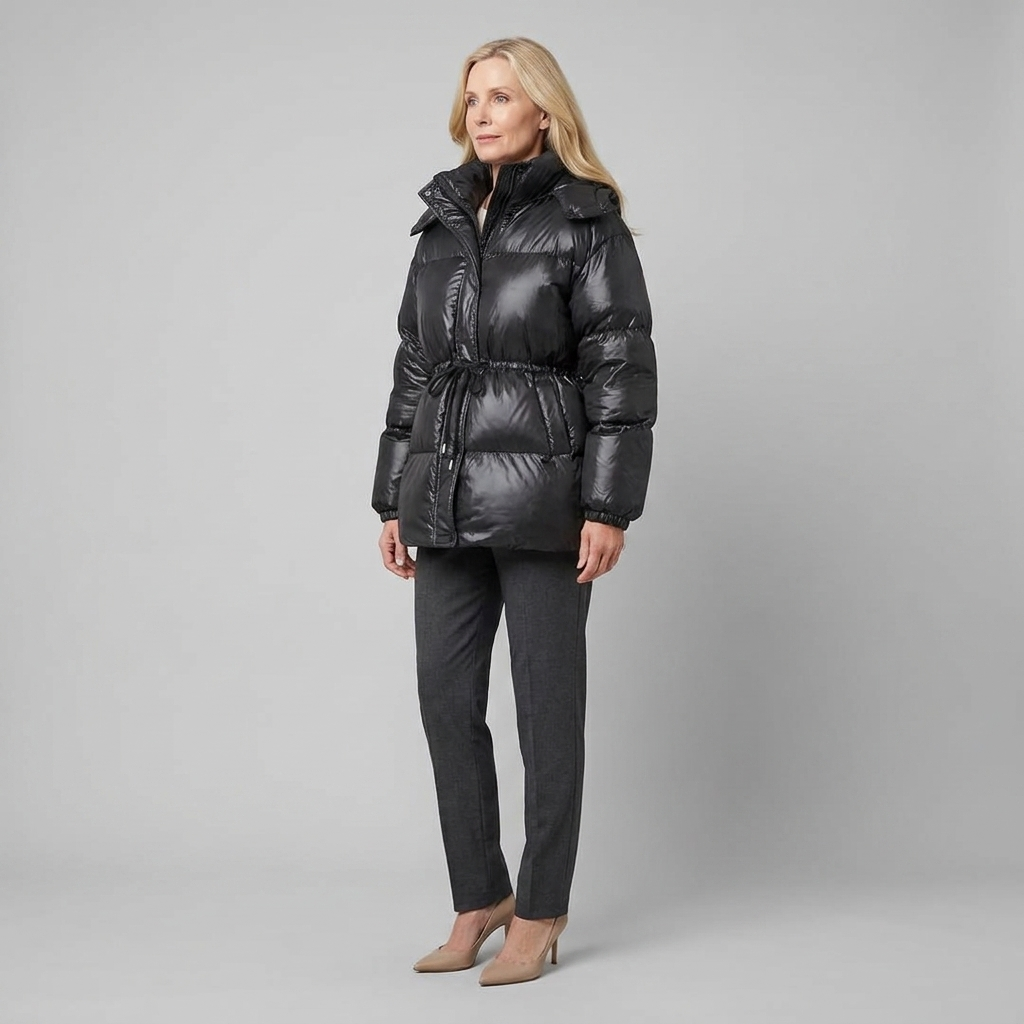 Doudoune Femme Brillante Col Montant Cordon de Serrage