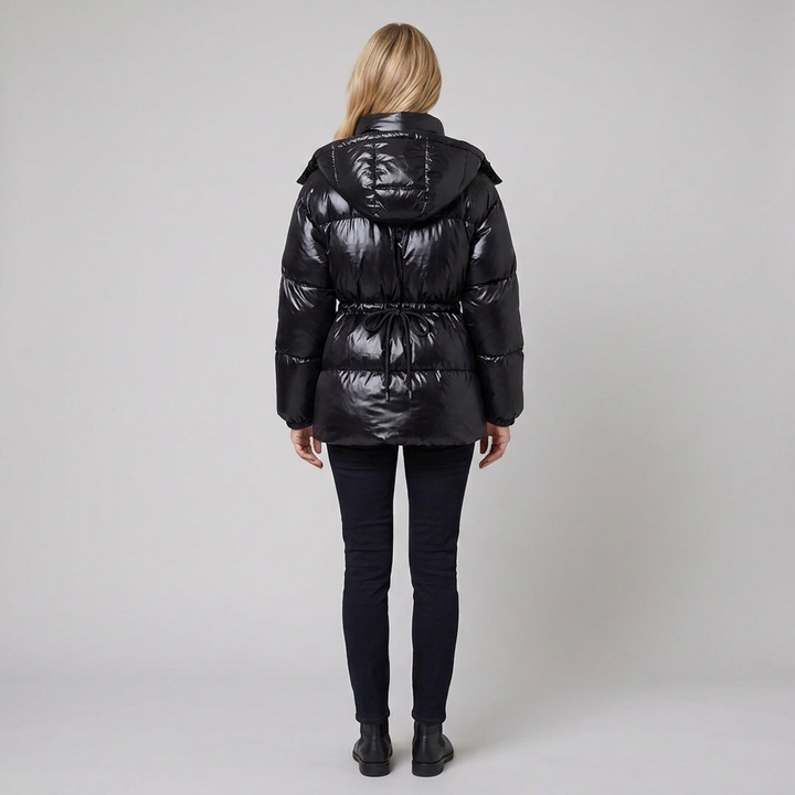 Doudoune Femme Brillante Col Montant Cordon de Serrage