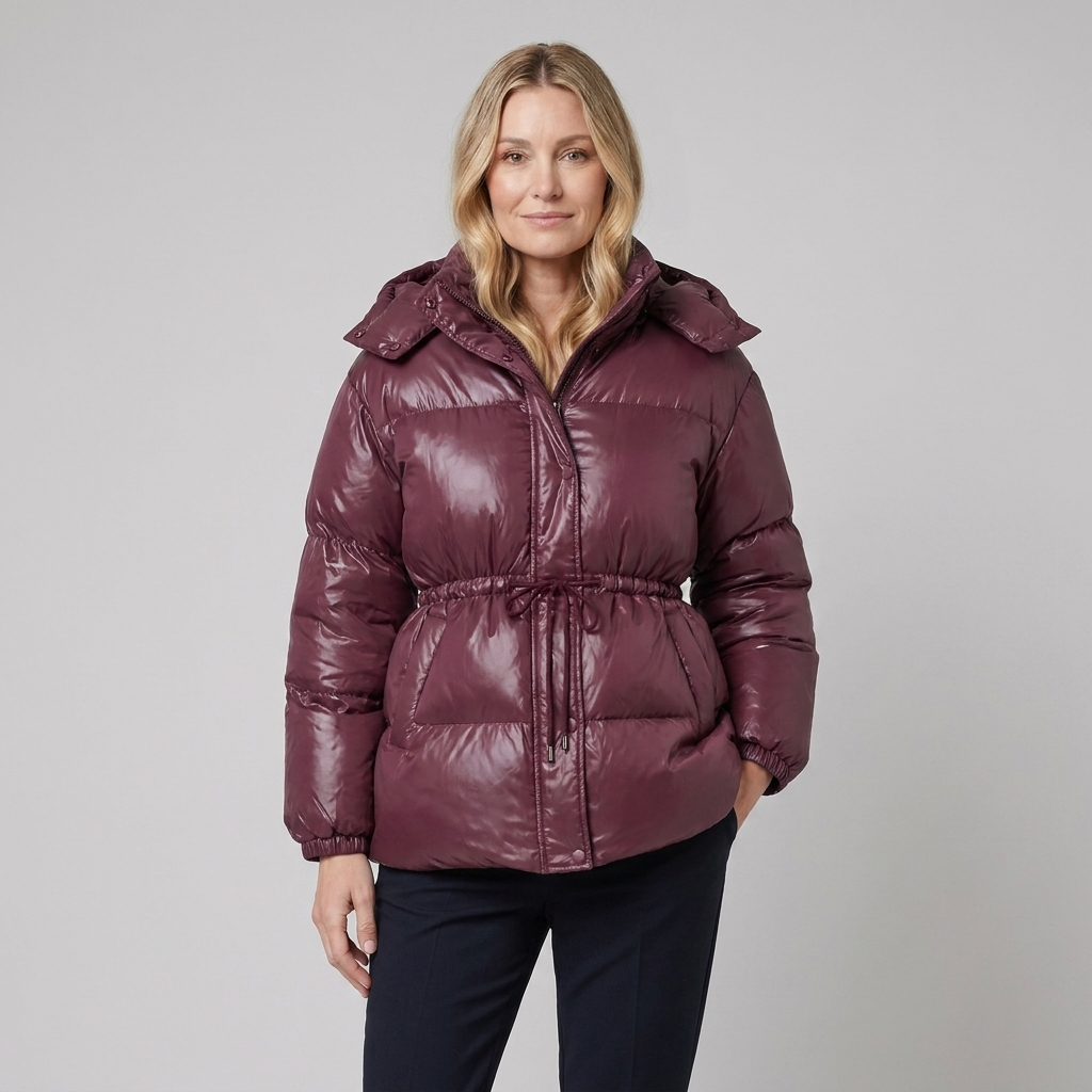 Doudoune Femme Brillante Col Montant Cordon de Serrage