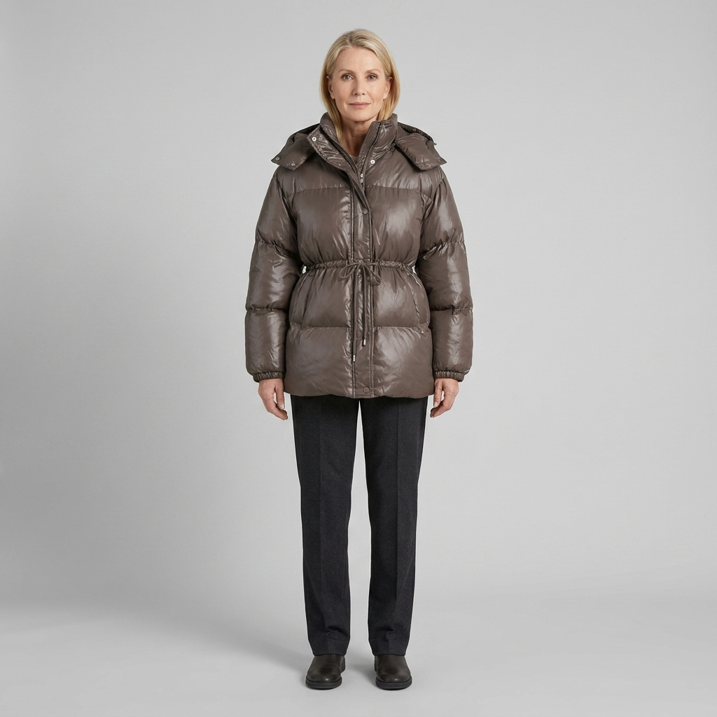 Doudoune Femme Brillante Col Montant Cordon de Serrage