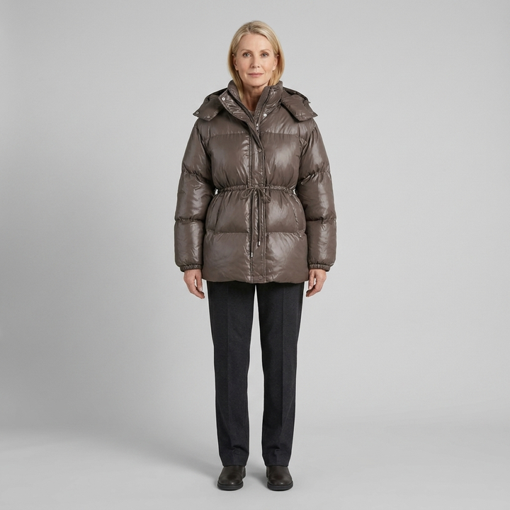 Doudoune Femme Brillante Col Montant Cordon de Serrage