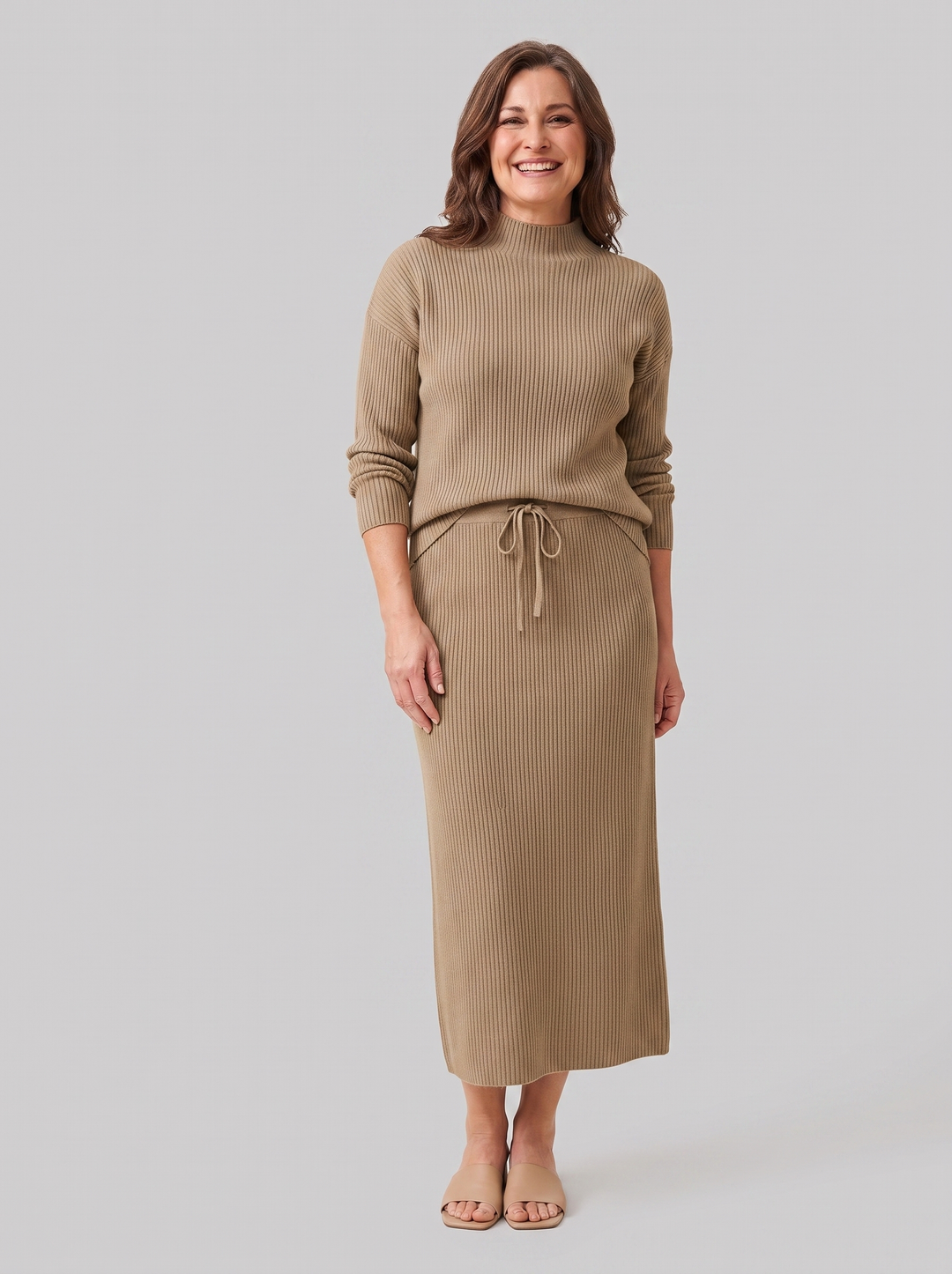 Ensemble Maille Côtelée Col Montant et Jupe Midi pour Femme