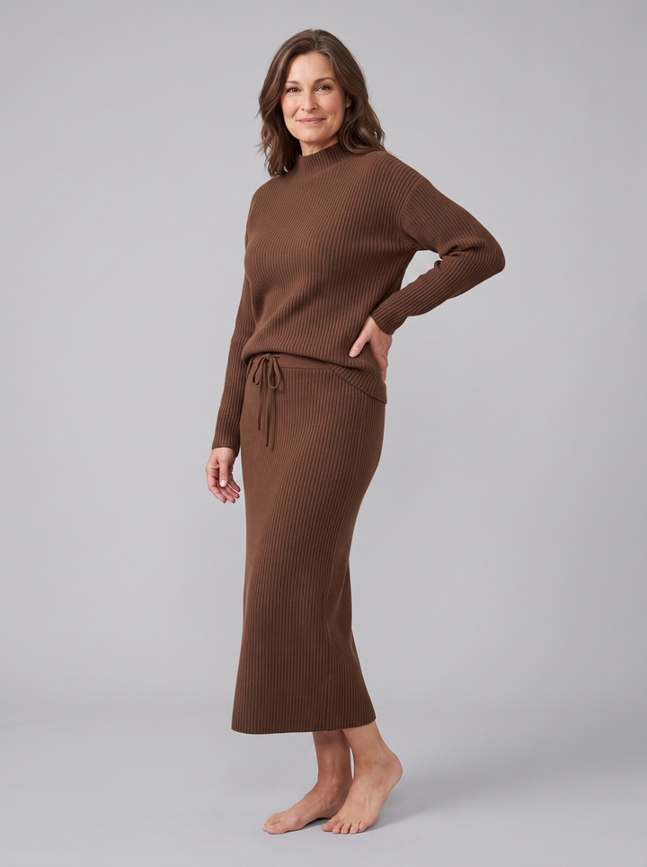 Ensemble Maille Côtelée Col Montant et Jupe Midi pour Femme