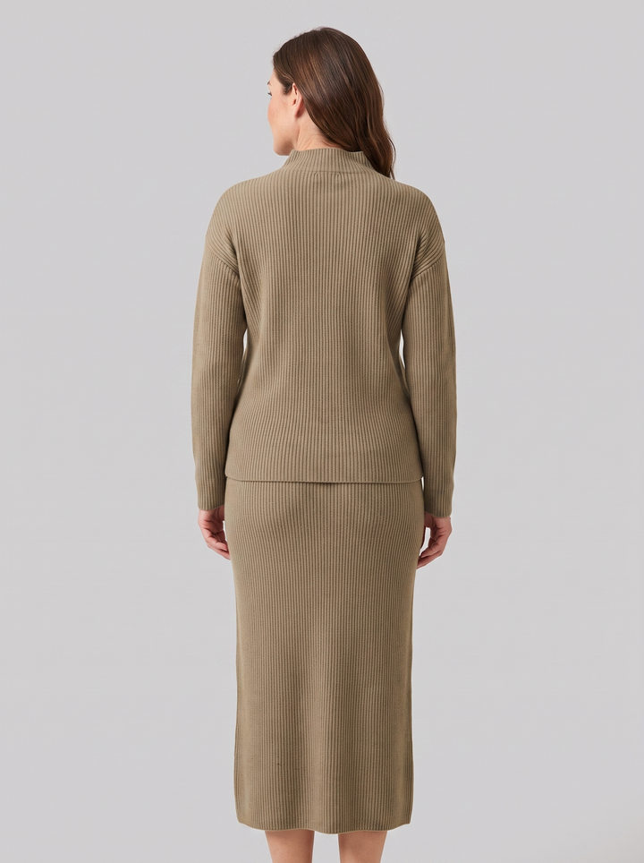Ensemble Maille Côtelée Col Montant et Jupe Midi pour Femme