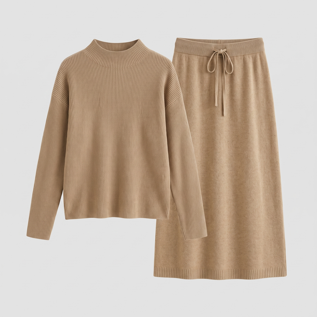 Ensemble Maille Côtelée Col Montant et Jupe Midi pour Femme