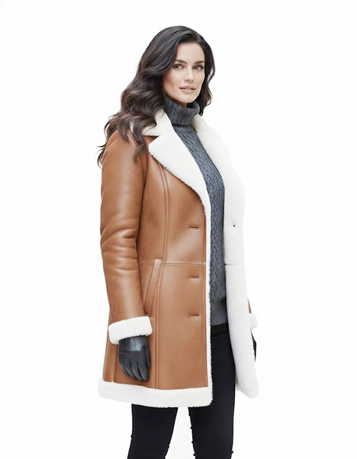 Manteau Long Femme En Cuir D'Agneau Doublure Mouton Retourné Col Fourrure