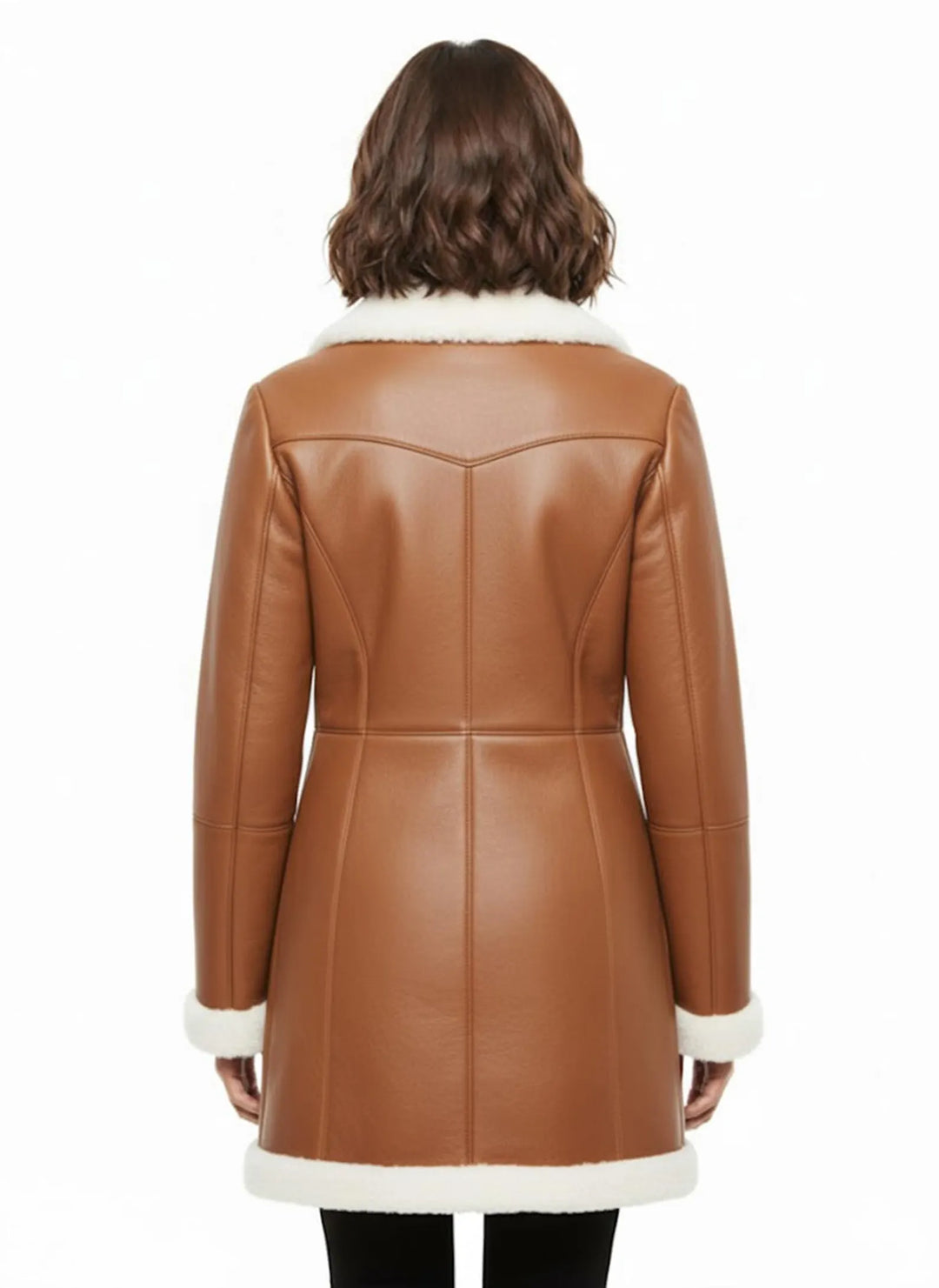 Manteau Long Femme En Cuir D'Agneau Doublure Mouton Retourné Col Fourrure