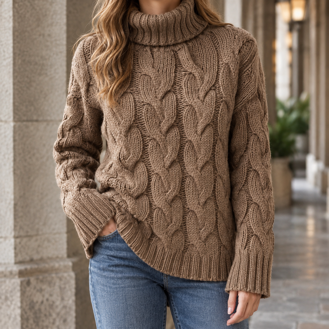 Pull Col Roulé Femme Maille Torsadée
