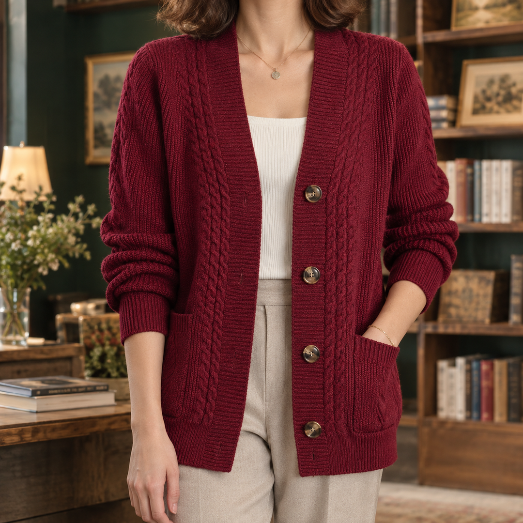 Cardigan Femme Maille Torsadée Col V Boutonné Poches Plaquées