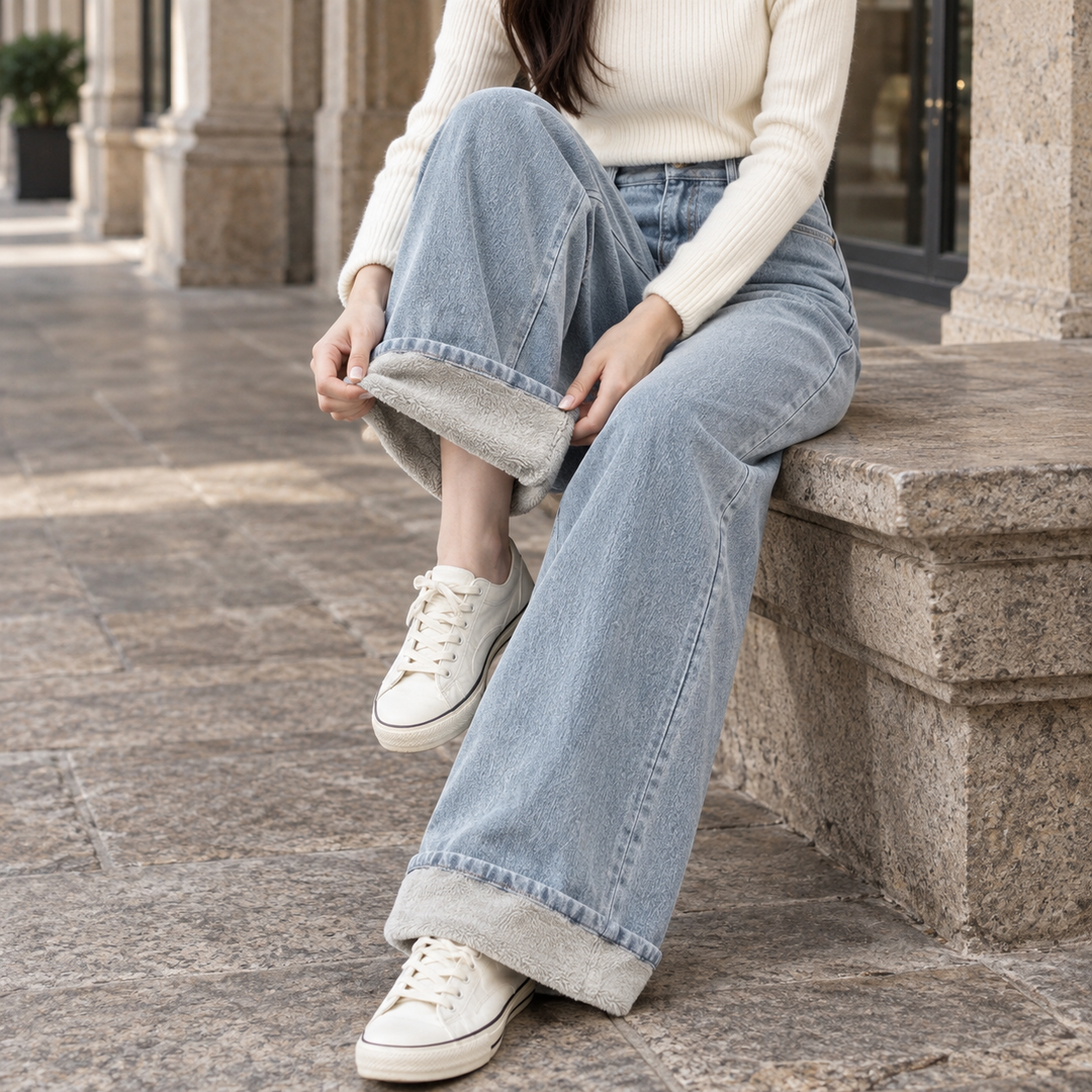 Jean large femme avec revers aux chevilles