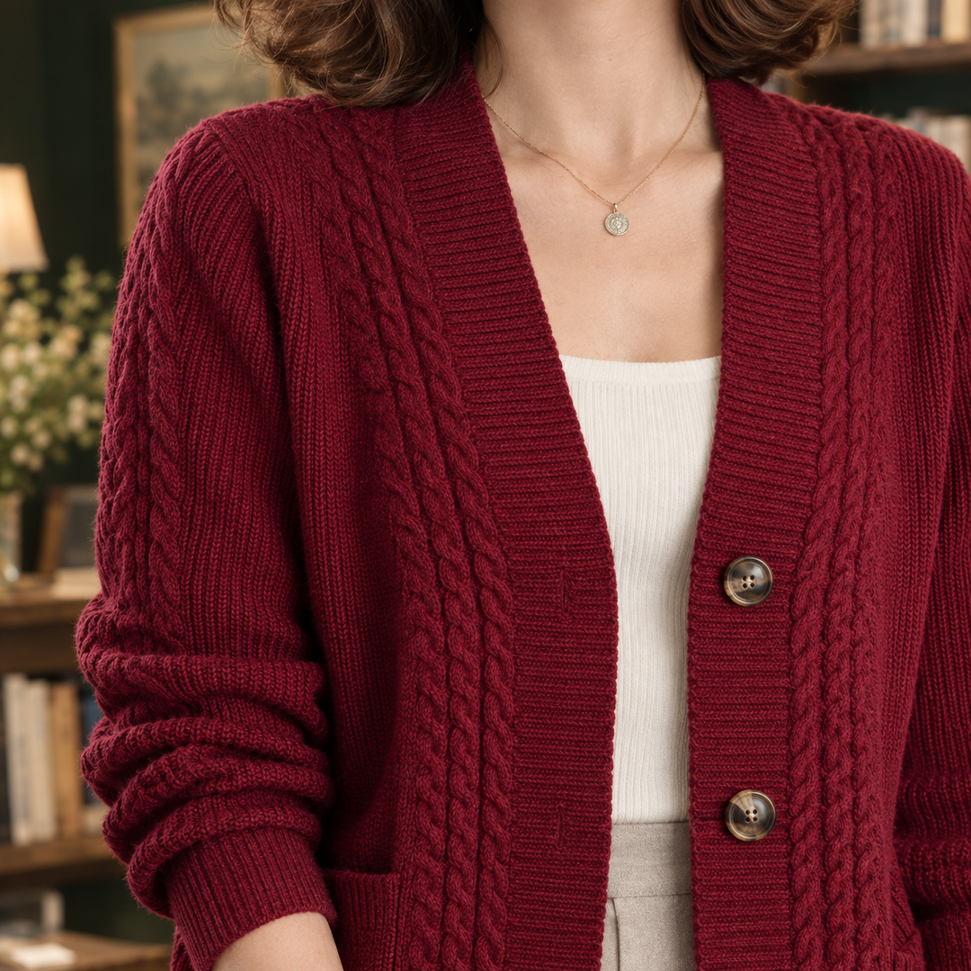 Cardigan Femme Maille Torsadée Boutonné Poches