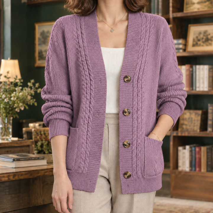 Cardigan Femme Maille Torsadée Boutonné Poches