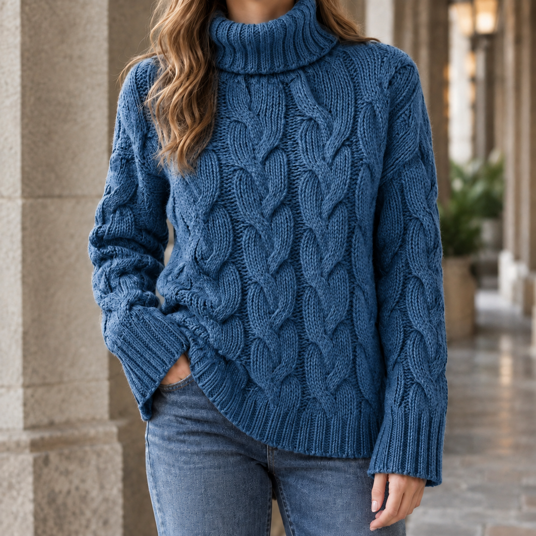 Pull Femme Oversize Col Roulé Maille Câble